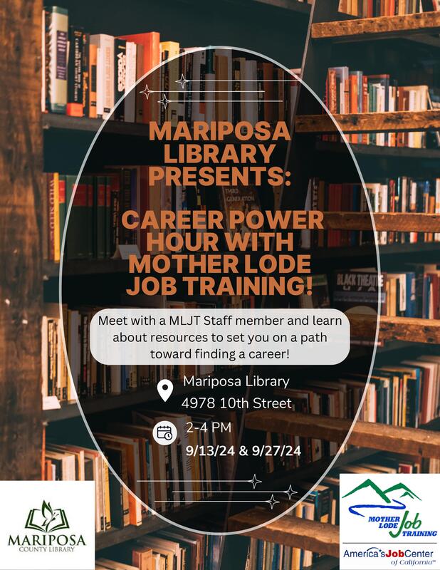 Flyer with books in background and orange text describing event