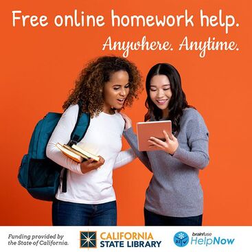 Color image of two female students looking at a notebook, with California State Library and Brain Fuse HelpNow logos