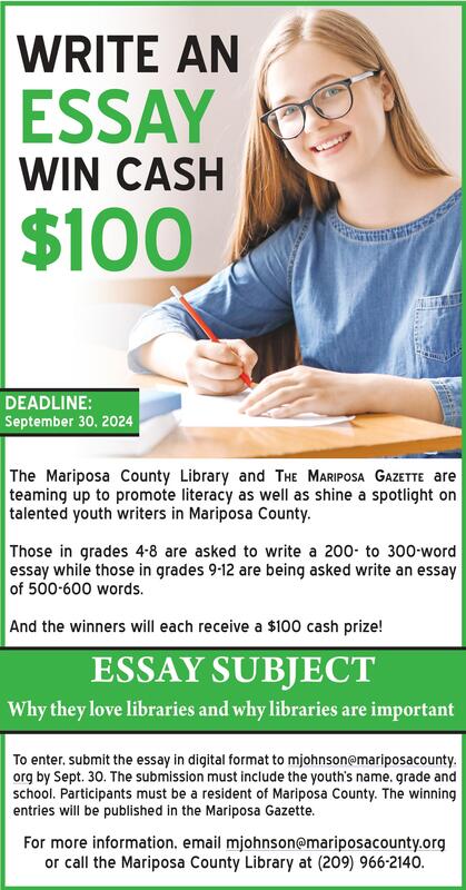 Green flyer with image of young girl writing an essay. Details of essay contest hosted by Mariposa Library and Mariposa Gazette.